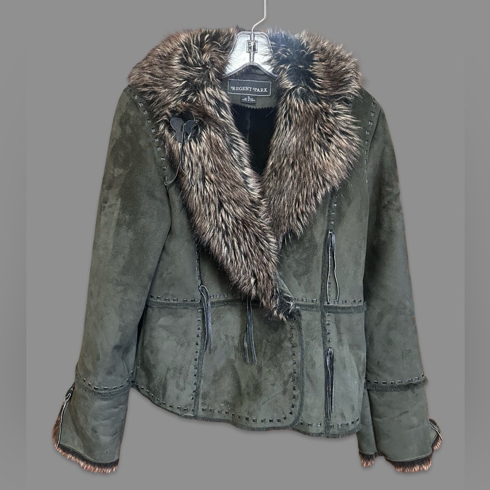 Vintage Y2K Olive Penny Lane Boho Faux Suede & Fur Shearling Patchwork Coat MED
